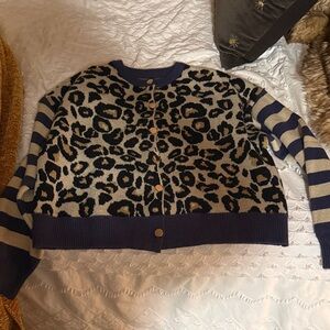 Leopard Print Cardigan with Striped Sleeves